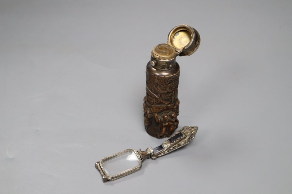 A Victorian metal mounted scent bottle and a pair of lorgnettes